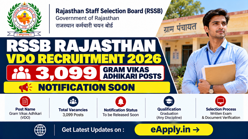 RSSB Rajasthan VDO Recruitment 2026 notification for 3099 Gram Vikas Adhikari posts apply online on eApply.in